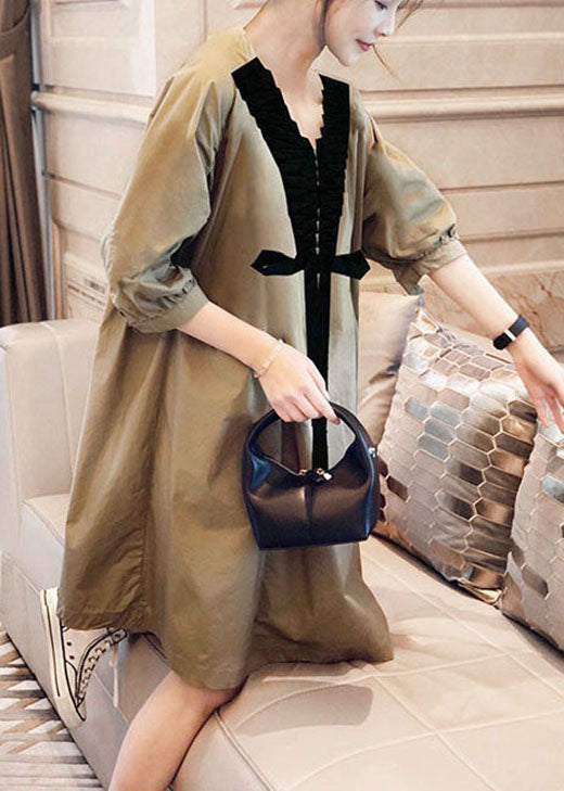 Women Khaki V Neck Bow Casual Fall Half Sleeve Shirts dress