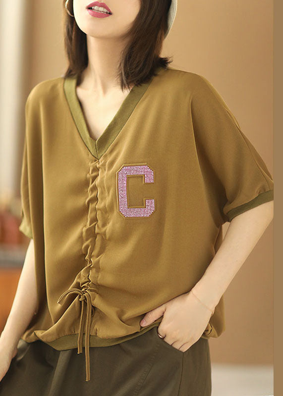 Women Khaki V Neck Drawstring Letter Blouse Tops Short Sleeve