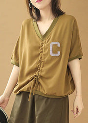 Women Khaki V Neck Drawstring Letter Blouse Tops Short Sleeve