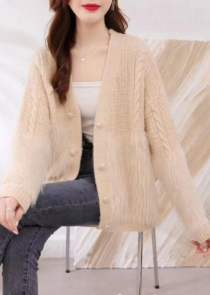 Women Khaki V Neck Patchwork Mink Hair Knitted Cardigan Fall