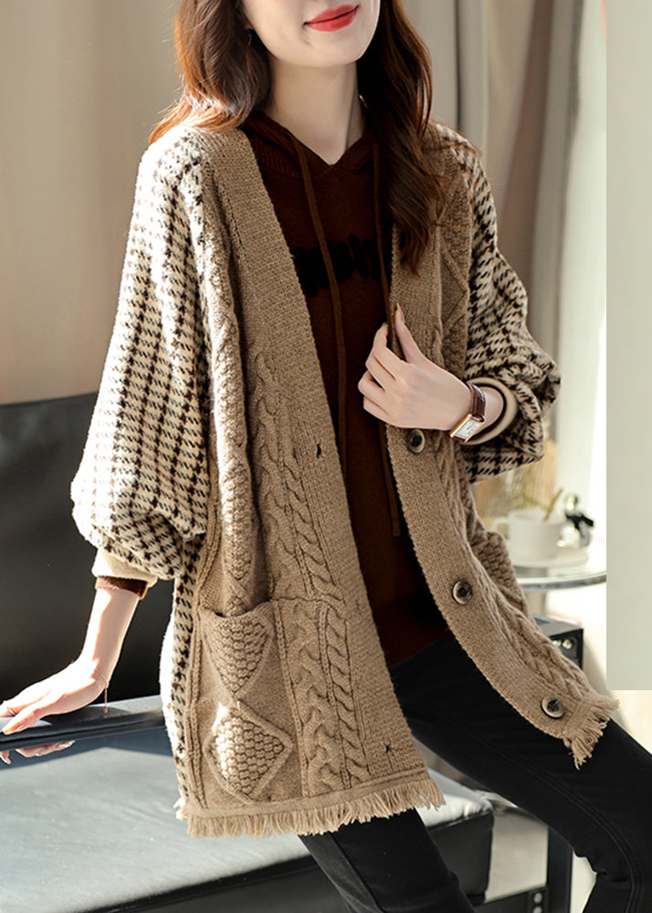 Women Khaki V Neck Plaid Patchwork Tassel Knit Coats Fall