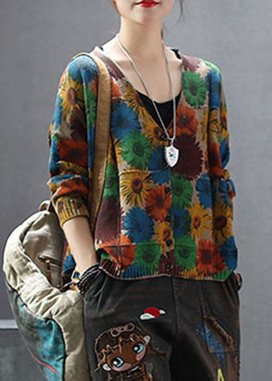 Women Khaki V Neck Print Knit cardigan Spring