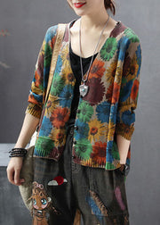 Women Khaki V Neck Print Knit cardigan Spring