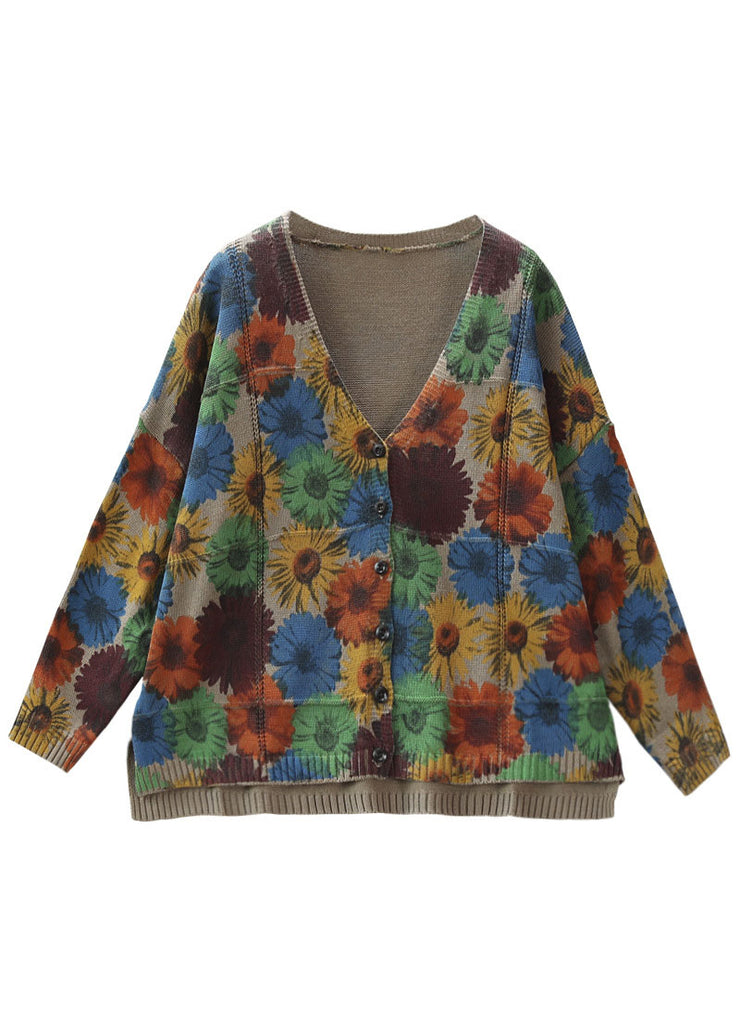 Women Khaki V Neck Print Knit cardigan Spring