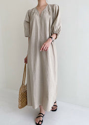 Women Khaki V Neck retro Cotton Dress Half Sleeve