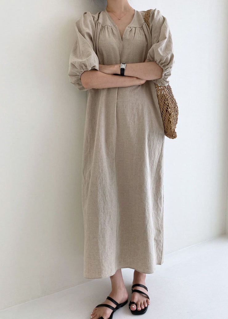 Women Khaki V Neck retro Cotton Dress Half Sleeve