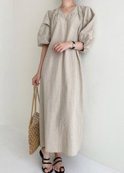 Women Khaki V Neck retro Cotton Dress Half Sleeve