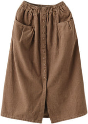 Women Khaki elastic waist button Pockets Corduroy Skirts Spring