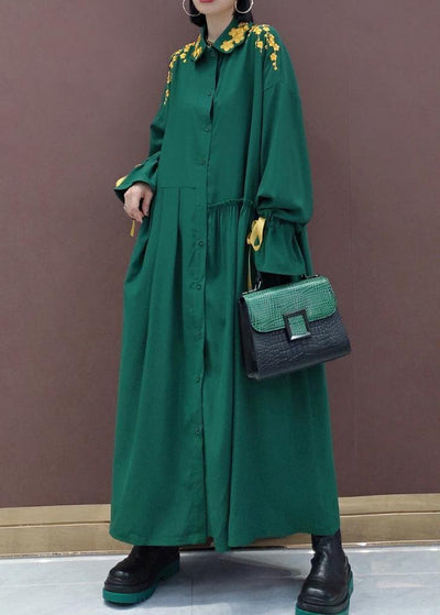 Women Lapel Cinched Spring Fashion Ideas Green Embroidery Long Dresses - bagstylebliss