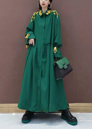 Women Lapel Cinched Spring Fashion Ideas Green Embroidery Long Dresses - bagstylebliss
