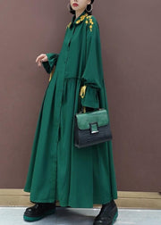Women Lapel Cinched Spring Fashion Ideas Green Embroidery Long Dresses - bagstylebliss