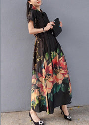 Women Lapel Drawstring Spring Tunic Sleeve Black Print Robe Dresses - bagstylebliss