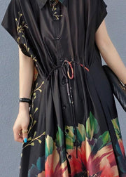 Women Lapel Drawstring Spring Tunic Sleeve Black Print Robe Dresses - bagstylebliss