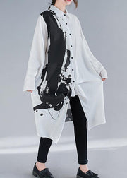 Women Lapel Patchwork Spring Clothes Design White Print Long Dress - bagstylebliss
