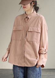 Women Lapel Pockets Spring Top Silhouette Wardrobes Pink Shirts - bagstylebliss