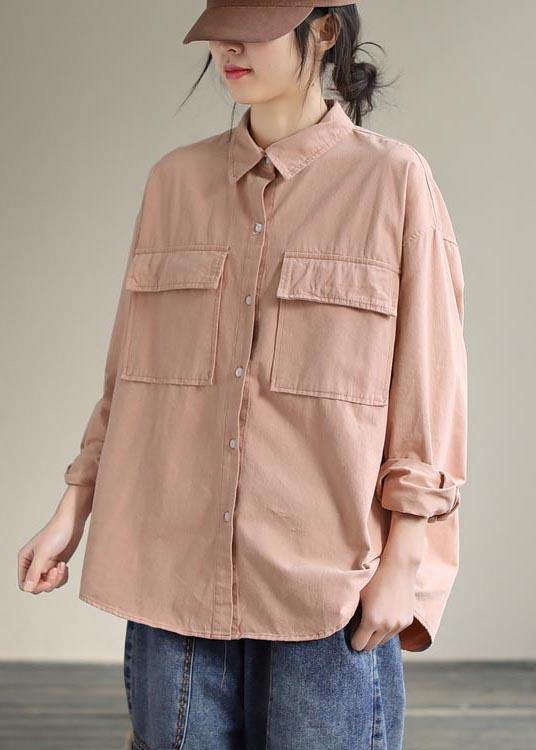Women Lapel Pockets Spring Top Silhouette Wardrobes Pink Shirts - bagstylebliss