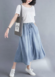 Women Light Blue Elastic Waist Draping Denim Wide Leg Pants Summer