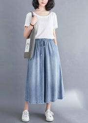 Women Light Blue Elastic Waist Draping Denim Wide Leg Pants Summer