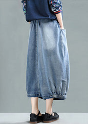 Women Light Blue Elastic Waist Patchwork Cotton Denim Skirt Spring