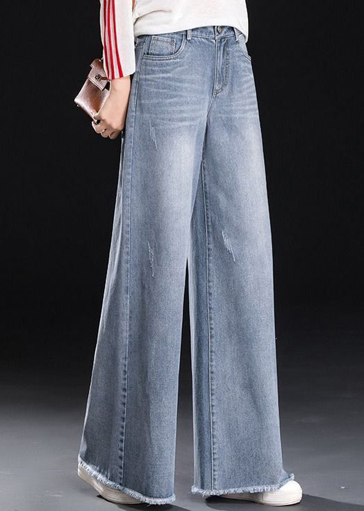 Women Light Blue High Waist Pockets Tassel Cotton Denim Wide Leg Pants Summer