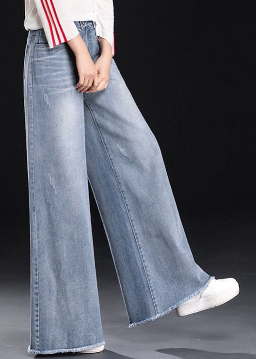 Women Light Blue High Waist Pockets Tassel Cotton Denim Wide Leg Pants Summer