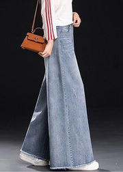 Women Light Blue High Waist Pockets Tassel Cotton Denim Wide Leg Pants Summer