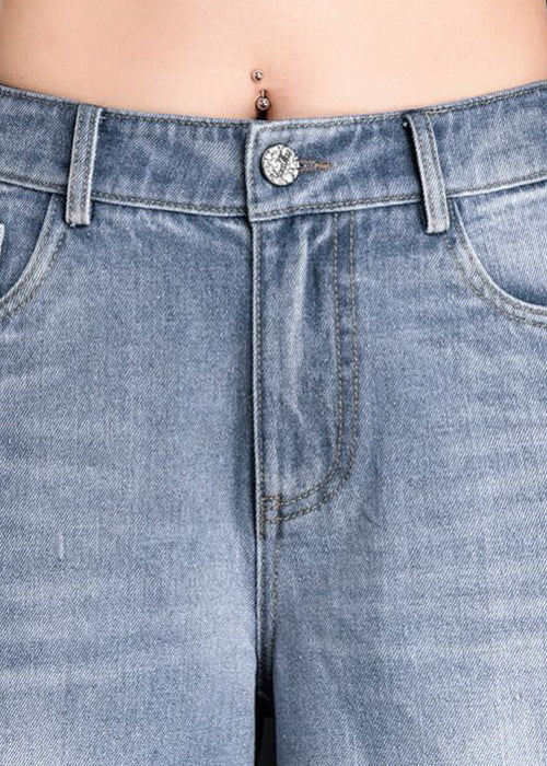 Frauen Hellblau Hohe Taille Taschen Quaste Baumwolle Denim Hose mit weitem Bein Sommer