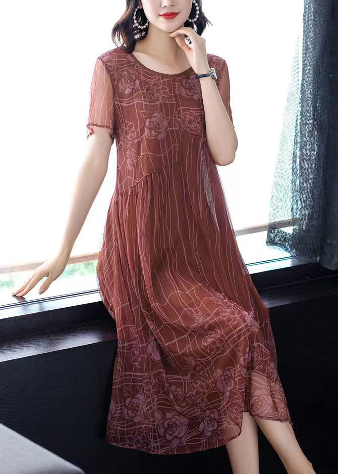 Women Light Brown O-Neck Wrinkled Patchwork Chiffon Dress Half Sleeve