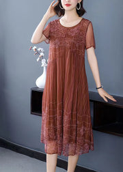 Women Light Brown O-Neck Wrinkled Patchwork Chiffon Dress Half Sleeve