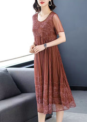 Women Light Brown O-Neck Wrinkled Patchwork Chiffon Dress Half Sleeve