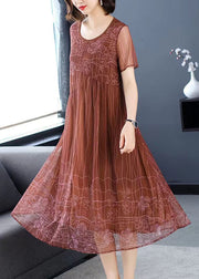 Women Light Brown O-Neck Wrinkled Patchwork Chiffon Dress Half Sleeve