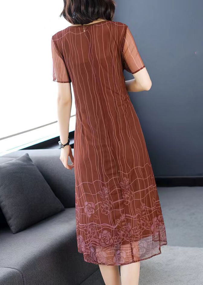 Women Light Brown O-Neck Wrinkled Patchwork Chiffon Dress Half Sleeve