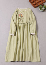 Women Light Green O-Neck Embroideried Patchwork Dress Spring