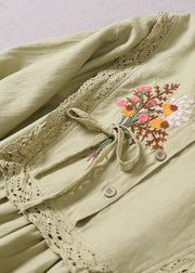 Women Light Green O-Neck Embroideried Patchwork Dress Spring