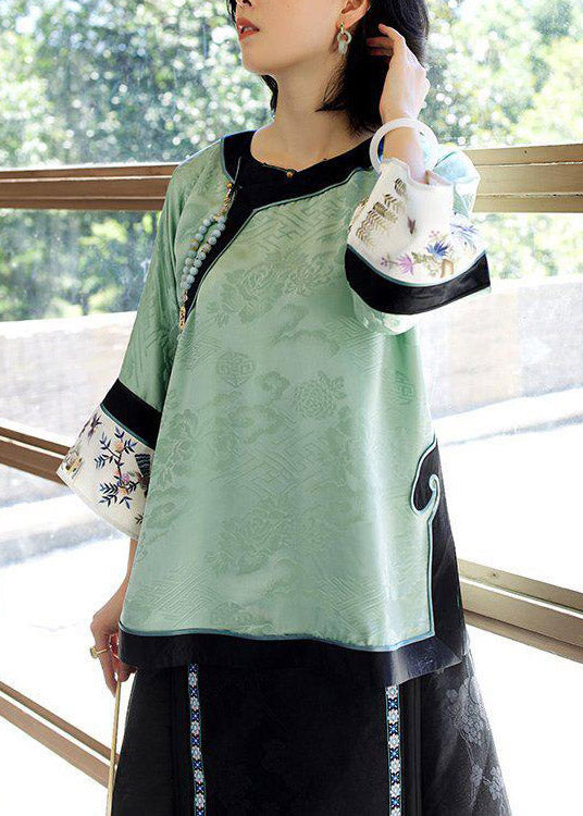 Women Light Green O-Neck Patchwork Print Silk Shirt Tops Spring