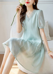 Women Light Green Wrinkled Patchwork Cotton Dresses Summer