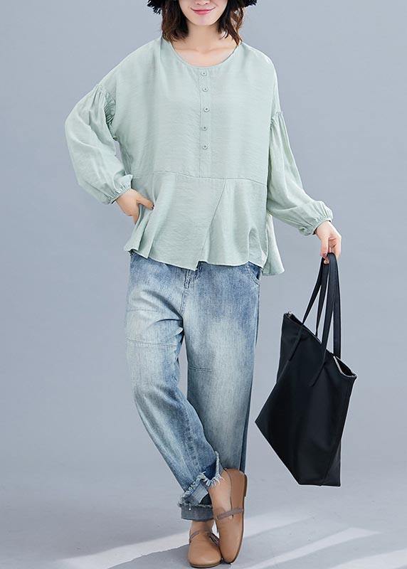 Women Light Green asymmetrical design Long sleeve Cotton Linen Summer Blouses - bagstylebliss