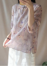 Women Light Purple Butterfly Printing Top Silhouette Stand Collar Midi Top - bagstylebliss
