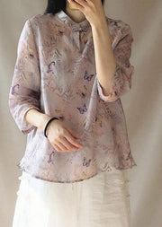 Women Light Purple Butterfly Printing Top Silhouette Stand Collar Midi Top - bagstylebliss