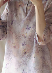Women Light Purple Butterfly Printing Top Silhouette Stand Collar Midi Top - bagstylebliss