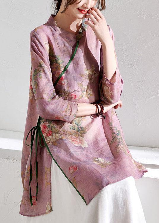 Women Light Purple Print Tie Waist Asymmetrical Design Spring Summer Ramie Shirt - bagstylebliss