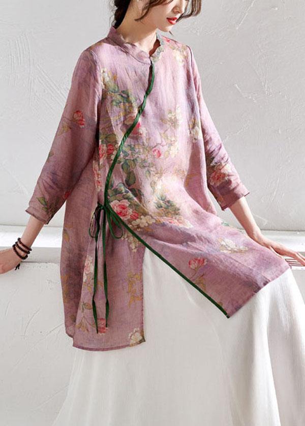 Women Light Purple Print Tie Waist Asymmetrical Design Spring Summer Ramie Shirt - bagstylebliss