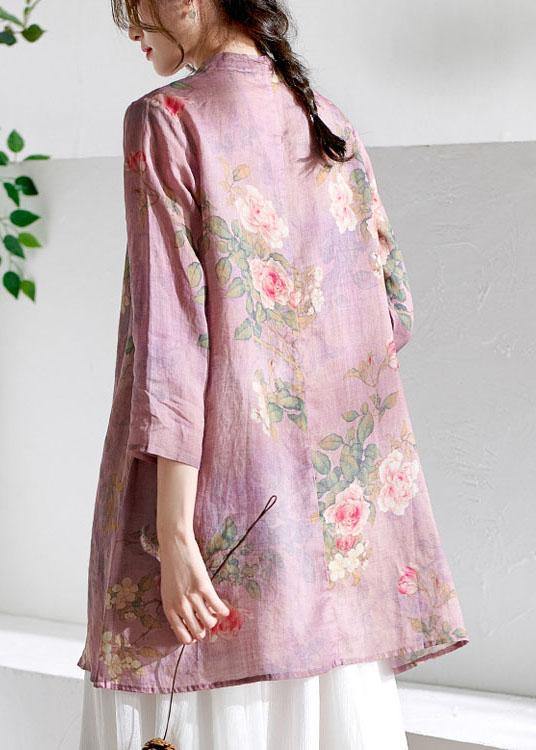 Women Light Purple Print Tie Waist Asymmetrical Design Spring Summer Ramie Shirt - bagstylebliss