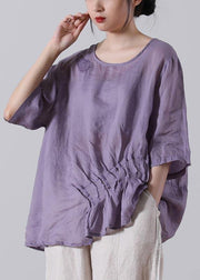 Women Light Purple asymmetrical design Cotton Linen Shirts Summer - bagstylebliss