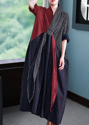 Women Long Sleeve V-neck Loose Plaid Patchwork Maxi Dress