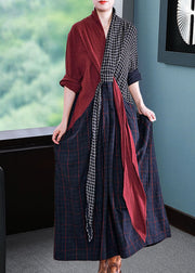 Women Long Sleeve V-neck Loose Plaid Patchwork Maxi Dress