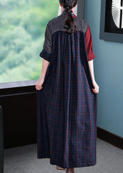 Women Long Sleeve V-neck Loose Plaid Patchwork Maxi Dress