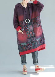 Women Mulberry Hooded Pockets Patchwork Print Fall Sweatshirts Dress - bagstylebliss