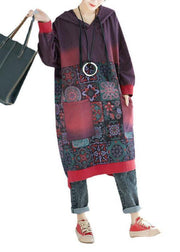 Women Mulberry Hooded Pockets Patchwork Print Fall Sweatshirts Dress - bagstylebliss