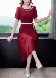 Women Mulberry O-Neck Tie Waist Exra Large Hem Silk Long Dress Short Sleeve